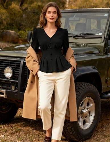 GRACE KARIN Women Business Casual Tops, 2026 Spring Trendy Dressy Blouses, 3/4 Sleeve V Neck Work Shirts Black Medium - Thumbnail 2