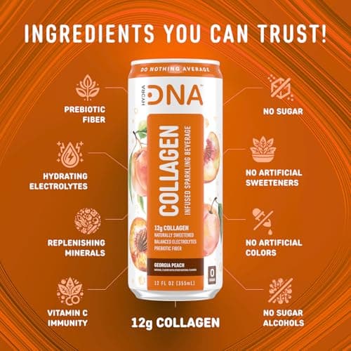 HYDRADNA- Sparkling Liquid Collagen Protein Water Drink Balanced Nutrients for Wellness - Sugar-Free - Keto-Friendly - No Gluten (12 Pack) Georgia Peach - Thumbnail 4