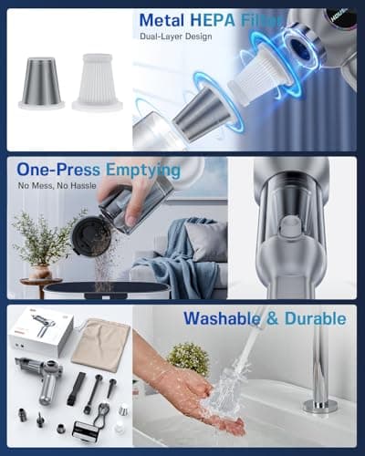 Handheld Car Vacuum Portable Cordless 25000Pa High Power Small Mini Hand Vacuum Cleaner Rechargeable 4-in-1 Compressed Air Duster Blower Pump Wireless Handheld Vac for Car Office Desktop Home Cleaning - Thumbnail 6