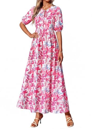 KIRUNDO Spring Dresses for Women 2026 Summer Wedding Guest Boho Floral 3/4 Sleeve Beach Vacation Cruise Flowy Maxi Dress(Red, Small) - Thumbnail 2