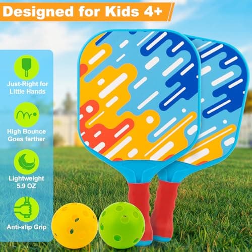 Kids Pickleball Paddles - Easter Gift Basket Stuffers Outdoor Beach Pool Yard Game Toy for Kid Ages 4 5 6 7 8 Year Old Boys & Girl, Ball Set of 2, Lightweight & Durable Grip for Small Hand, Beginner - Thumbnail 3