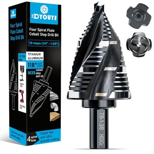 M35 Four Spiral Flute Step Drill Bit Set 1/4" - 1-3/8" （19 Sizes, 1/4" Hex Shank Unibit Step Drill bit, Impact Resistant M35 Cobalt Step Drill Bit, for Stainless Steel, Wood, Aluminum, Plastic
