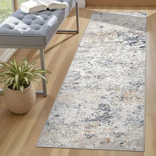 DMOYEST Washable Runner Rug for Hallway: 2x6 Neutral Modern Abstract Low Pile Area Rug with Non-Slip Backing - Carpet for Bedroom Kitchen Laundry Entryway Bathroom Indoor - Beige Blue - Thumbnail 2