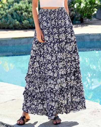 BTFBM Skirts for Women Summer Flowy A-Line Floral Boho Maxi Skirt Long Wedding Guest Dresses Spring Outfits 2026(Floral Floral Navy White,Large) - Thumbnail 6