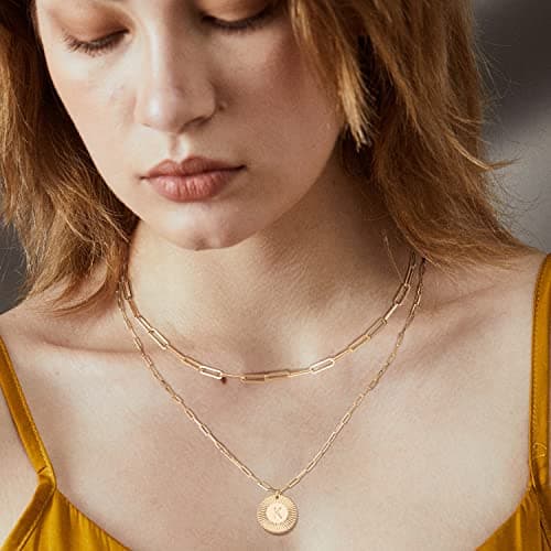 LOYATA Layered Choker Necklace Gold Flower Initial Coin Pendant 2 Layer 14K Gold Plated Dainty Paperclip Chain Personalized Jewelry Gift for Women Letter P - Thumbnail 2