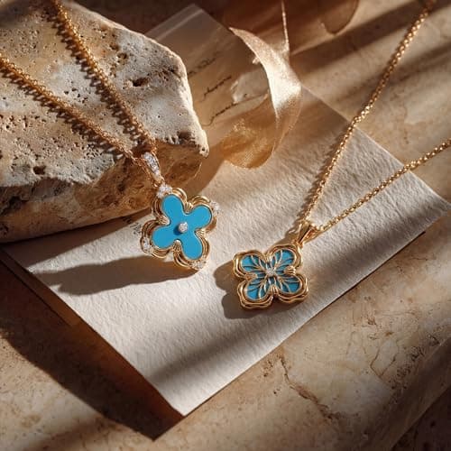 Fettero Dainty Gold Necklace for Women - Double Sided Pendant Necklace 14K Gold Plated Charm Clover Necklace Gold Plated Jewelry -Turquoise - Thumbnail 4