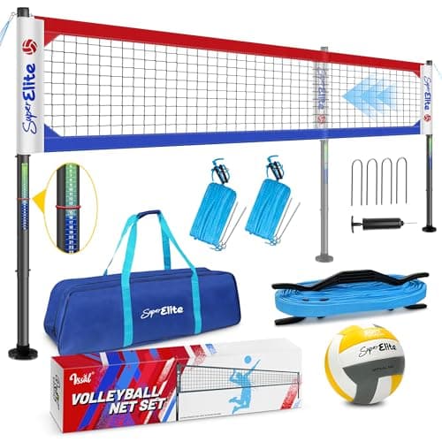 VSSAL Professional Volleyball Net Set Heavy Duty for Outdoor Backyard Portable with Aluminum Scoring Poles, 32ft Regulation Nets System for Tournament, Adjustable Height and Length (Red and Blue)