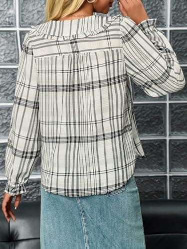 Tankaneo Womens Peter Pan Collar Button Down Shirts Long Sleeve Plaid Blouse Dressy Casual Fall Tops Black White - Thumbnail 5
