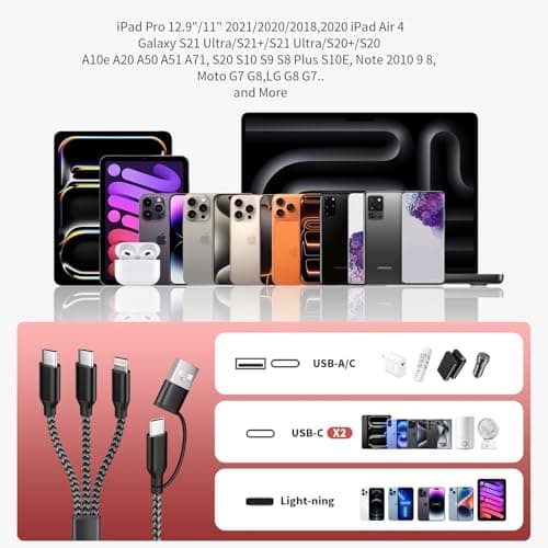 MPATIBY Multi Charging Cable 3 in 2, 1Pack 5FT USB C/A Multi Charger Cable to Type-C/IP Port, Nylon Braided USB C Multiple Charger Cord for All Devices, Universal Phone Charger Cord for Cell Phones - Thumbnail 6