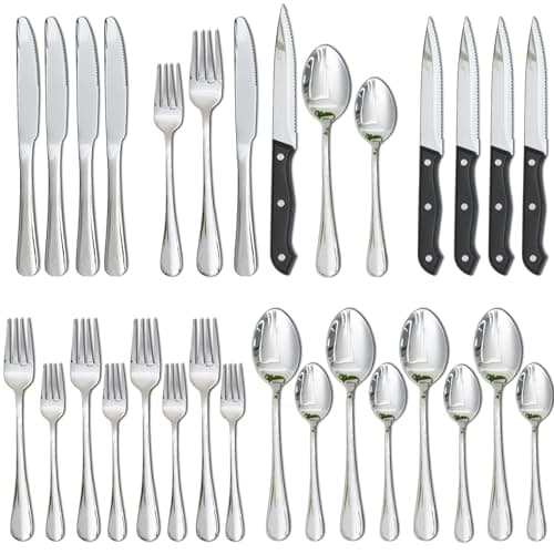 Astercook Silverware Set with Steak Knives 24-Piece Flatware Set for 4 Food-Grade Stainless Steel Cutlery Set Mirror Polished Utensils Set Include Spoons and Forks for Home Kitchen Restaurant - Image 1