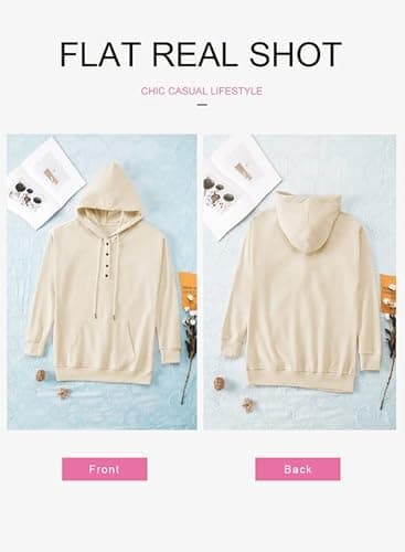 Dokotoo Womens Sweatshirts and Hoodies Front Button Collar Comfy Simple Plain Long Sleeve Drawstring Hoodies for Women with Pockets Hooded Pullover Casual Fashion Winter Autumn Shirt Tops Apricot M - Thumbnail 4