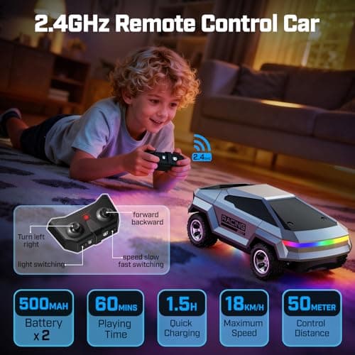 WayEee 1/24 Remote Control Car Cyber RC Truck, RC Cars for Kids with Colorful Lights, 2.4GHz Remote Control, 2 Rechargeable Batteries, 18KM/H Racing Car Toy, for Boys 3 4 5 6 7 8-12 - Thumbnail 5