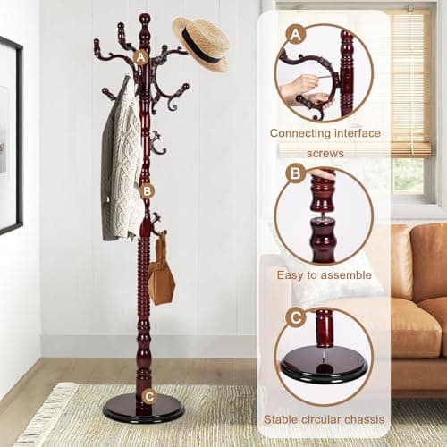 Daisdoer Solid Wood Coat Rack, Free Standing Hall Coat Tree with 14 Hooks, 3 Height Options, 300lbs Load, Stury Base, Clothes Rack for Entryway, Hallway, Bedroom (Disc Base - Rosewood) - Thumbnail 6