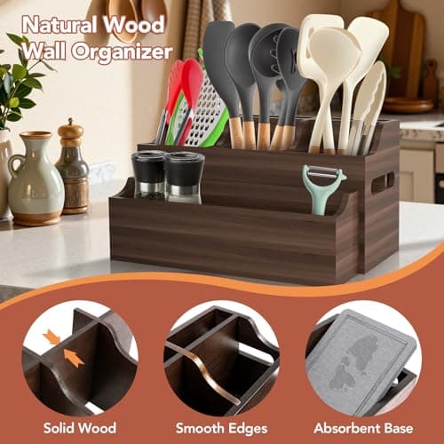 DIOLOVE 2-in-1 Large Wooden Utensil Holder for Kitchen Counter - Modular Stackable Cooking Utensil Organizer with Diatomite Absorbent Mat & Spoon Rest - Wall Mount Spatula Caddy & Silverware Storage - Thumbnail 3