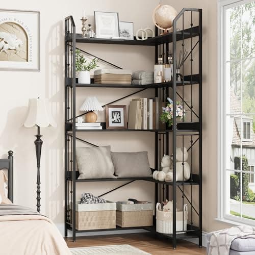 GarveeHome Corner Bookshelf 72" L Shaped Bookcase, Corner Bookshelves Industrial Bookcase 5 Tier L-Shape Bookshelf, Large Bookcases with Beaded Design Tall Display Rack Shelf for Living Room Bedroom - Thumbnail 6