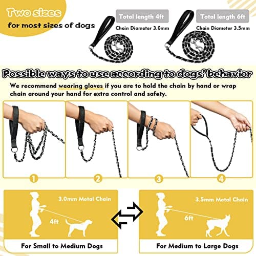 LUFFWELL Heavy Duty Metal Dog Chain Leash with Comfortable PU Leather Padded Handle, Chew Proof for Medium Large Pooch Walking Training (6FT 3.5mm Black) - Thumbnail 5