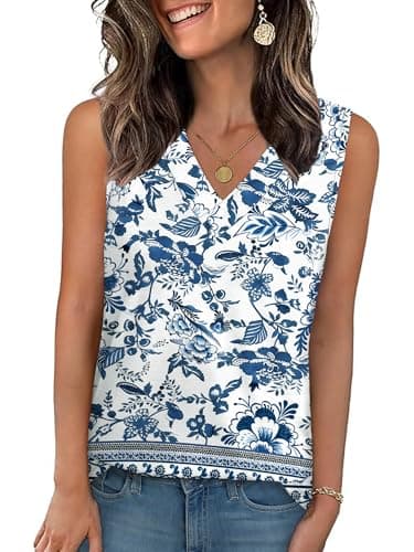 GKBK Womens Summer Tops Trendy Tank Tops Flowy V Neck t Shirts Vacation Outfits Flowy Sleeveless Tshirts Shirts Loose Fit Soft Dressy Blouses Blue-White Floral XXL - Image 1