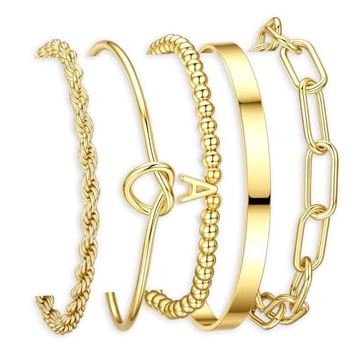 Turandoss Easter Basket Stuffers for Women Trendy, Dainty 5PCS Initial A 14K Gold Plated Beaded Stretch Bracelet Non Tarnish Stackable Tie Knot Cuff Twisted Paperclip Bracelet Jewelry Easter Gifts for Women - Image 1