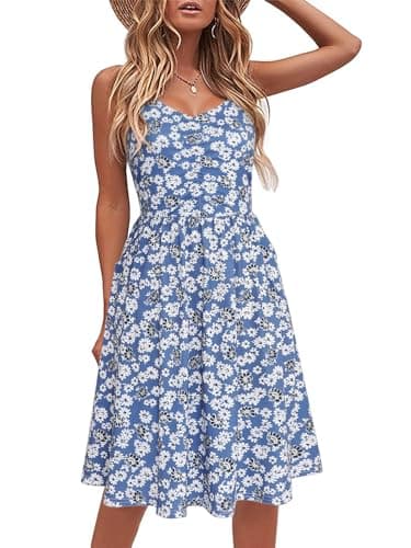 YATHON Vacation Dresses for Women 2024 Trendy Sleeveless Sun Dresses for Women y2k Floral Print Spaghetti Strap Backless Dress(YT090-Blue White F 03,XL) - Image 1
