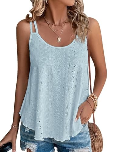 ATHMILE Women's Tank Tops Eyelet Embroidery Sleeveless Spaghetti Strap Tops Scoop Neck Sexy Loose Fit Casual Summer Flowy Cami Grey Blue - Image 1