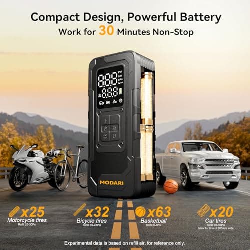 MODARI Tire Inflator Portable Air Compressor - 4X Faster 160 PSI Portable Air Pump for Cars - Cordless Tire Inflators with Gauge - Portable Tire Inflator for Car, Pickup, Bike and More (Black) - Thumbnail 4