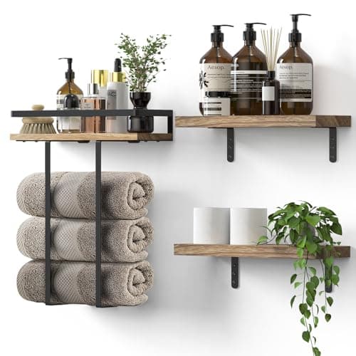 QHMCHLDZ Towel Racks for Bathroom-Wall Mounted Floating Shelves for Wall Bathroom Bedroom Kitchen Living Room, Hanging Book Shelves Decor Bathroom Organizer, 16 inch Solid Wood, Carbonized Wood Color - Image 1