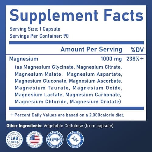 12 in 1 Magnesium Complex, Magnesium Supplement 1000mg with Glycinate, Citrate, Malate, L-Threonate,Taurate, Sleep Support, Third-Party Tested, Vegan & Easy to Swallow，90 Days Supply - Thumbnail 6