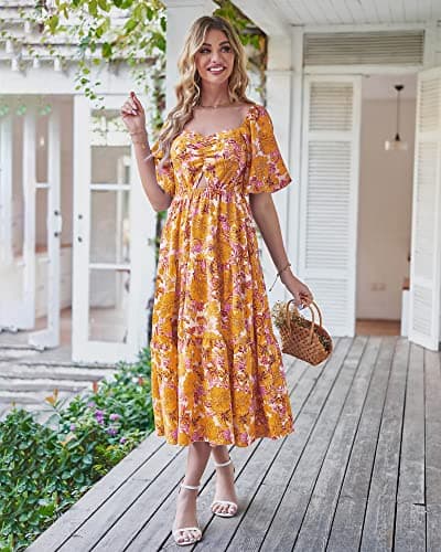 BTFBM Women's Clothing Spring Summer Dresses 2026 Beach Vacation Short Sleeve Smocked Back Boho Casual Floral Maxi Dress(Floral Yellow, Medium) - Thumbnail 6