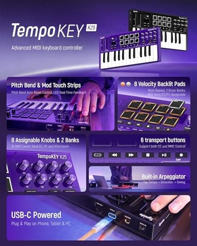 Synido 25 Key USB MIDI Keyboard Controller with Drum Pads, Professional Mini Midi Keyboard with OLED Screen, Beat Maker Machine for Music Production, Purple, TempoKEY K25 - Thumbnail 2