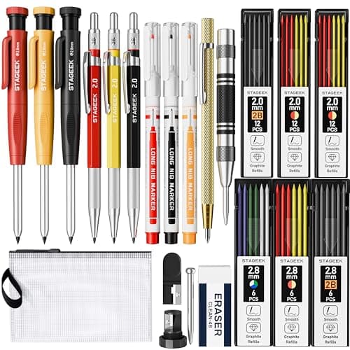 22 Pack Mechanical Carpenter Pencil Set with Sharpener 60 Refills, Automatic Center Punch, Carbide Scribe Tool, Eraser and Deep Hole Marker Pen, Heavy Duty Construction Pencil for Architect-With Pouch - Image 1