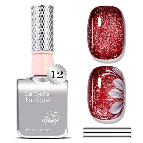 GELLAKTIK 5-in-1 Cat Eye Gel Polish 15ml No Base/Top Coat Needed All-in-One Formula, Beginner-Friendly Magnetic Nail Polish with Magnet Stick, Fast Curing for Home DIY Manicure (Crimson Spark) - Image 1