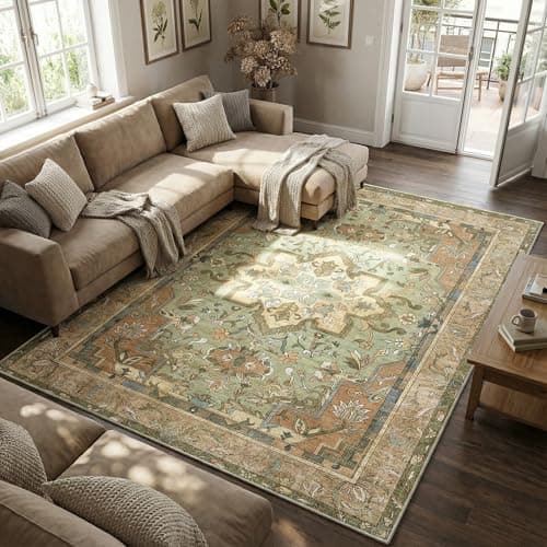 Cnythlis Vintage Area Rug, 6'x9' Washable Rugs, Stain Resistant Anti Slip Backing, Low Pile Farmhouse Indoor Carpet for High Traffic Areas, Sage Green Brown - Image 1