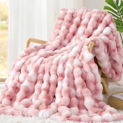 Luxury 1000GSM Faux Rabbit Fur Throw Blanket for Woman, Super Heavy Warm Cozy Blankets for Her for Couch Bed Sofa, Bubble Plush Fuzzy Elegant Soft Reversible Mink Blanket for Living Room Bedroom, Pink - Image 1