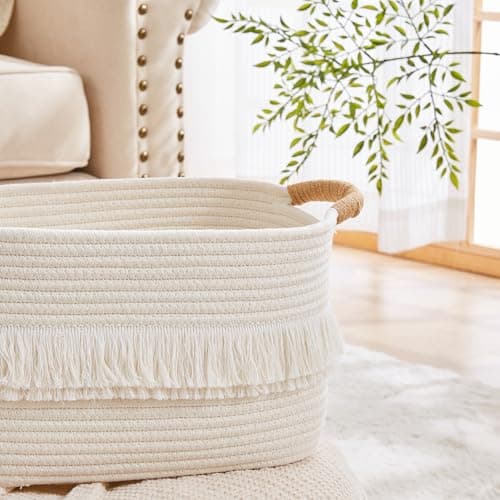 BUBUSUN Woven Baskets, 3-Pack Storage Basket for Living Room, Bedroom, Nursery, Stylish Gift Basket with Handles, Cotton Rope Basket for Toys and Shelves, Multi-Purpose Organizer, White - Thumbnail 3