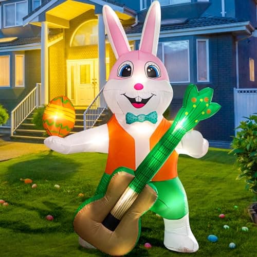 6FT Easter Inflatables Yard Decorations,Blow Up Guitar Rabbit with LED Light for Easter Decorations Clearance,Easter Holiday Party Garden Home Indoor Outdoor Lawn Decor - Image 1