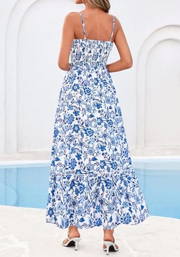 BTFBM Summer Dresses for Women 2026 Sleeveless Spaghetti Strap High Waist Boho Beach Vacation Clothes Spring Maxi Dress(Floral White Blue, X-Large) - Thumbnail 3