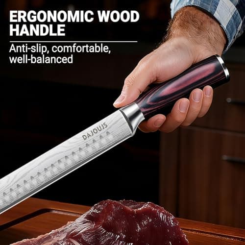 DAJOUJS Brisket Knife Meat Carving Knives - 12 Inch Ultra Sharp High Carbon Steel Kitchen Carving Slicing Knife with Ergonomic Wood Handle & Gift Box for Turkey, Meat Cutting, BBQ - Thumbnail 4