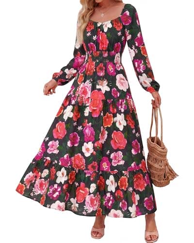 BTFBM Long Sleeve Dress for Women 2026 Spring Fall Boho Floral Square Neck Casual Flowy Long Wedding Guest Maxi Dresses(Floral Black Multi, X-Large) - Image 1