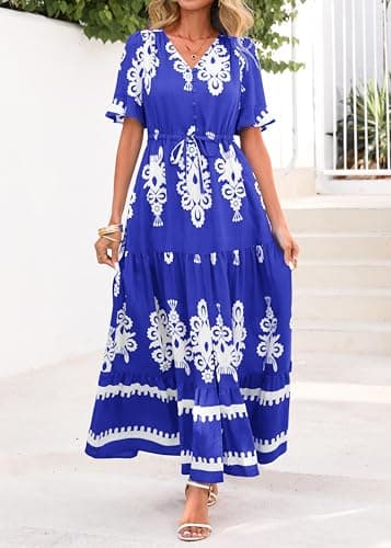 Lazysmile Summer Dresses for Women Short Sleeve V Neck Floral Drawstring Flowy A Line Boho Maxi Dress with Pockets Blue - Thumbnail 5