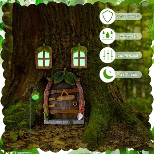 Glowing Miniature Fairy Garden Accessories, 4-Piece Miniature Fairy Figurines Glow in The Dark Fairy Door and Windows for Trees Set, Resin Light Up Sculpture Kit for Outdoor & Indoor Gardens - Thumbnail 4