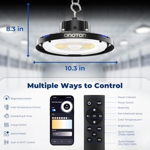 CINOTON Smart UFO LED High Bay Light 150W 21000lm, 2700K-6500K 1-100% Brightness Stepless Dimm Aluminum Shop Lights, ETL Listed Lighting for Garage Factory, APP/Alexa/Remote Control, 120-277V, 1 Pack - Thumbnail 4