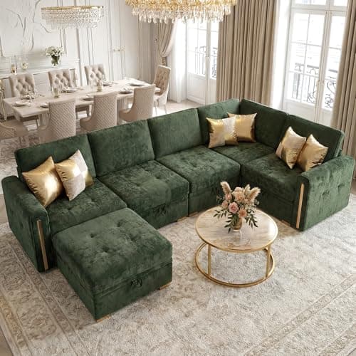 smilesun Oversized Modular Chenille U-Shaped Sectional Sofa with Storage, Convertible Comfy Extra Deep & Wide Seating with Gold Metal Accents & Square Legs for Living Room (Green) - Image 1
