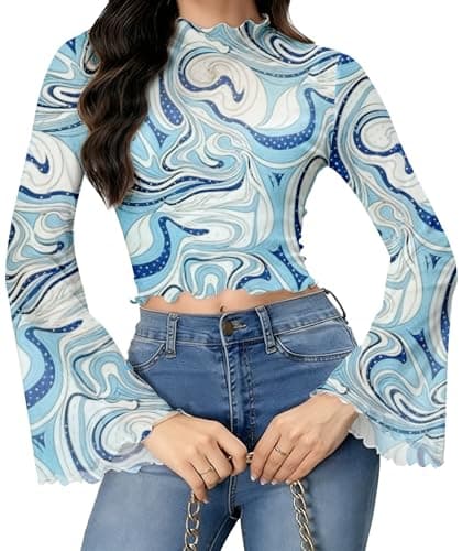 Women's Y2K 60s 70s Disco Outfits Hippie Long Bell Sleeve Mesh Tee Shirt Sheer Cropped Holiday Party Prom Boho Crop Tops Blue - Image 1