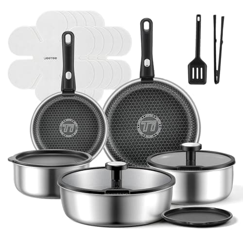 JEETEE Hybrid Tri-Ply Stainless Steel Cookware Set, 18pcs Pots and Pans Set Non Stick with Detachable Handles, Induction Cookware Set Kitchen Cooking Sets, RV/Camping Cookware, Dishwasher & Oven Safe - Image 1