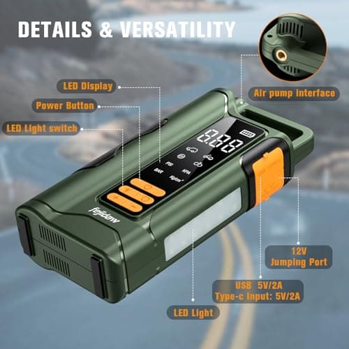 Jump Starter with Air Compressor,5000A Car Battery Jumper Starter, 16000mAh Battery Jumper Starter Portable for 10L Gas/Diesel Engine with 160PSI Booster,LED Display & Light,Jumper Cables - Thumbnail 5