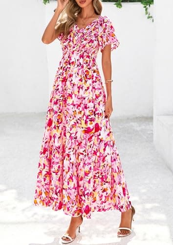 PRETTYGARDEN Boho Dresses for Women 2026 Summer Floral Short Sleeve V Neck Smocked Flowy Beach Vacation Maxi Dress (White Pink Floral,Small) - Thumbnail 4