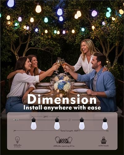Honche Outdoor String Lights S14, 46FT Patio Lights with 20 Shatterproof LED Bulbs, APP & Remote Control, 213 Scene Modes, USB Powered, IP67 Waterproof for Garden, Wedding, Party, Camping - Thumbnail 4
