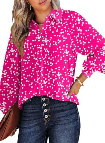 Dokotoo Womens Fall Tops for Women Long Sleeve Shirts 2025 Fashion Trendy Casual Dressy Fall Button Down Blouses T Shirts Allover Flower Print V Neck Business Work Tunic Bohemian Floral Top M Blue - Image 1