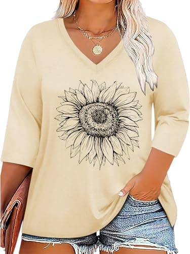 Chulianyouhuo Plus Size Womens Tops 3/4 Sleeve V Neck T-Shirt Casual Summer Sunflower Graphic Tees - Image 1