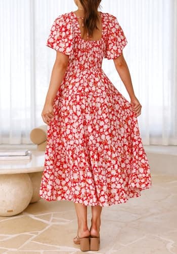 BTFBM Women's Clothing Wedding Guest Dresses Casual Boho Floral Short Sleeve Smocked Maxi Beach Spring Summer Dress 2026(Floral Red White, X-Large) - Thumbnail 4